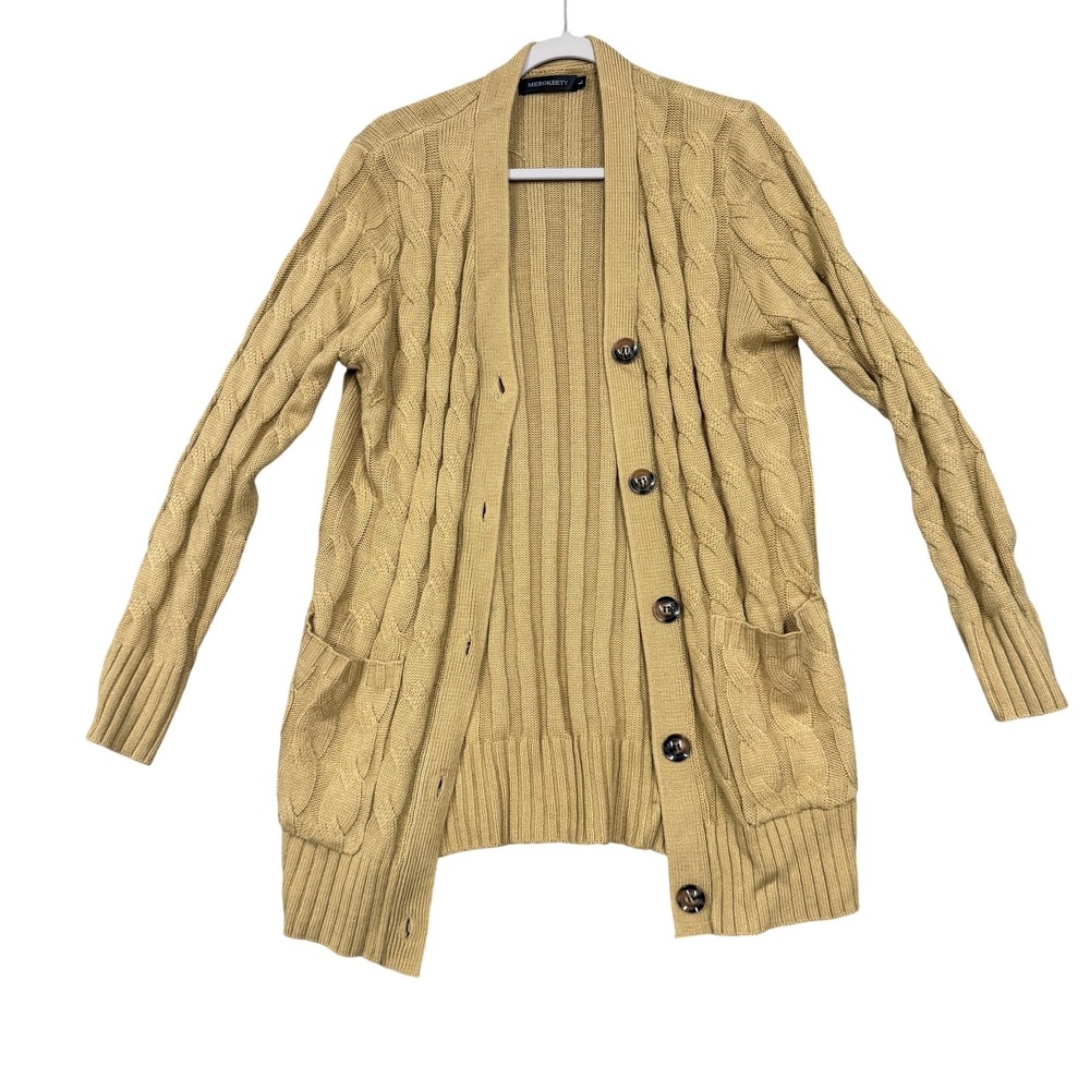 MEROKEETY Cardigan Sweater Womens Large Beige Cable Knit Button Pockets Longline